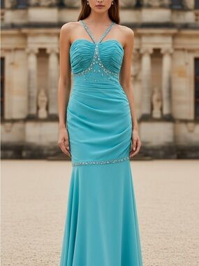 Aqua Beaded Halter Evening Gown